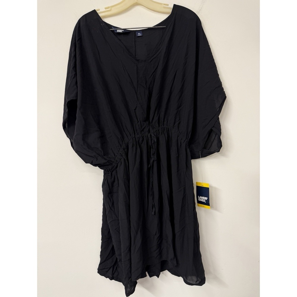 New Lands' End Women's M-L Black Flutter Sleeve Swim Cover Up Dress Cindy Waist